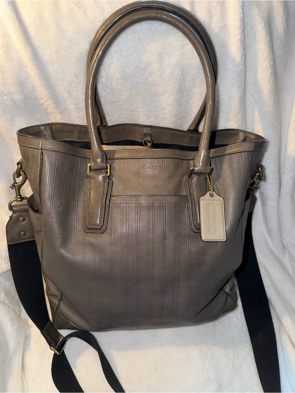 Coach 70th Anniversary Harrison Striped Leather Convertible Tote Bag Grey